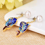 S925 Pure Silver Cloisonne Pearl Earrings Fish Design