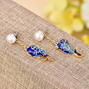 S925 Pure Silver Cloisonne Pearl Earrings Fish Design