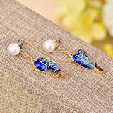 S925 Pure Silver Cloisonne Pearl Earrings Fish Design