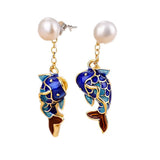 S925 Pure Silver Cloisonne Pearl Earrings Fish Design