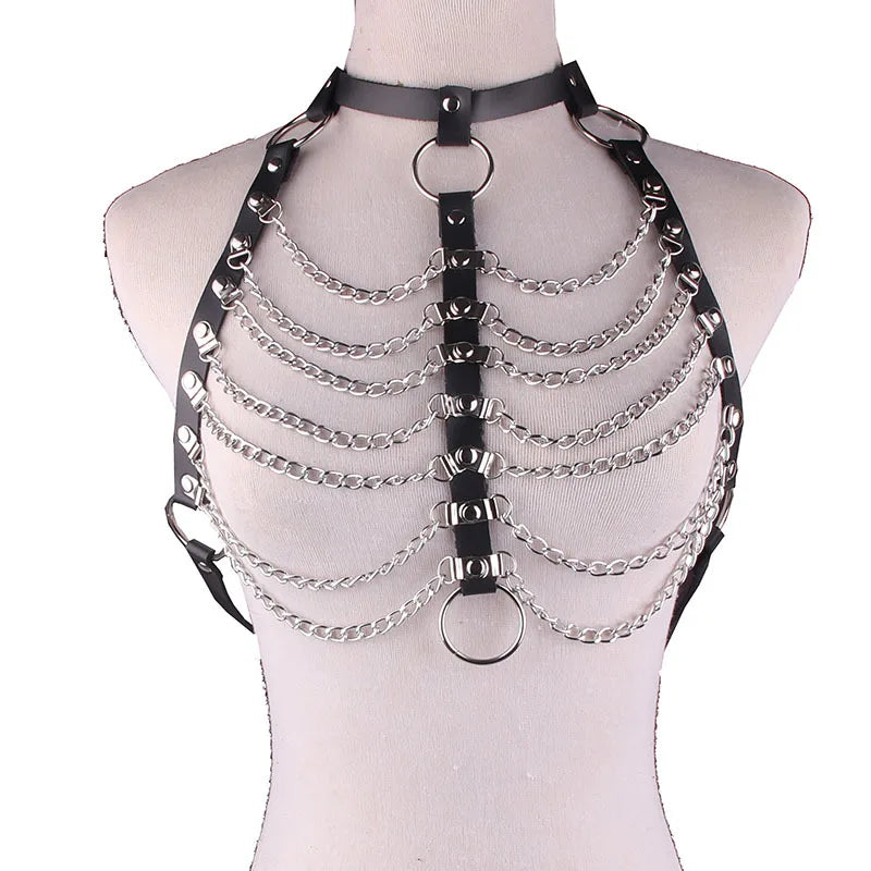 PU Leather Harness Goth Punk Chains Bondage Halterneck Gothic Body Necklace