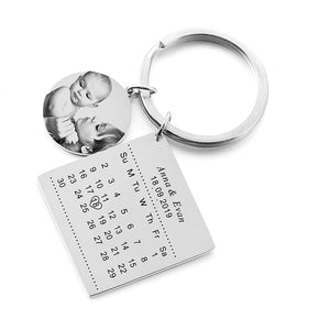 Custom Engrave Photo Name Calendar Keychain with Heart Keyring