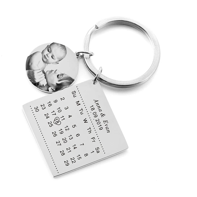Custom Engrave Photo Name Calendar Keychain with Heart Keyring