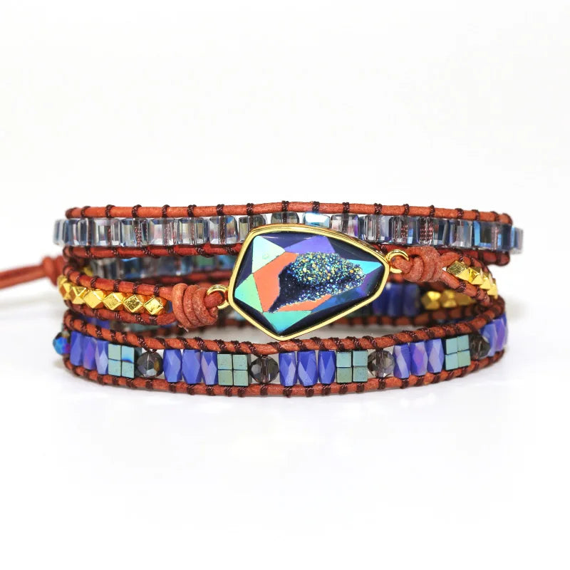 Colorful Crystal Charm 3 Strands Wrap Bracelets Boho Leather Bracelet