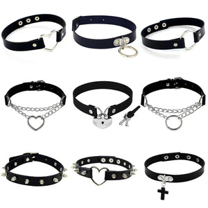 Punk PU Leather Lock Key Heart Rivet Collar Choker Necklace