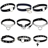 Punk PU Leather Lock Key Heart Rivet Collar Choker Necklace