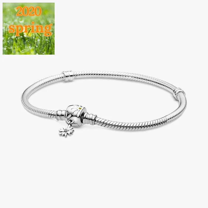 925 Sterling Silver Bracelet Snake Chain Daisy Flower Clasp Women Gift