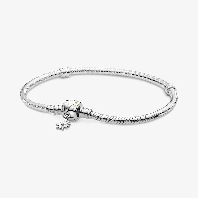 925 Silver Bracelet Barrel Clasp Daisy Flower Snake Chain Women Jewelry
