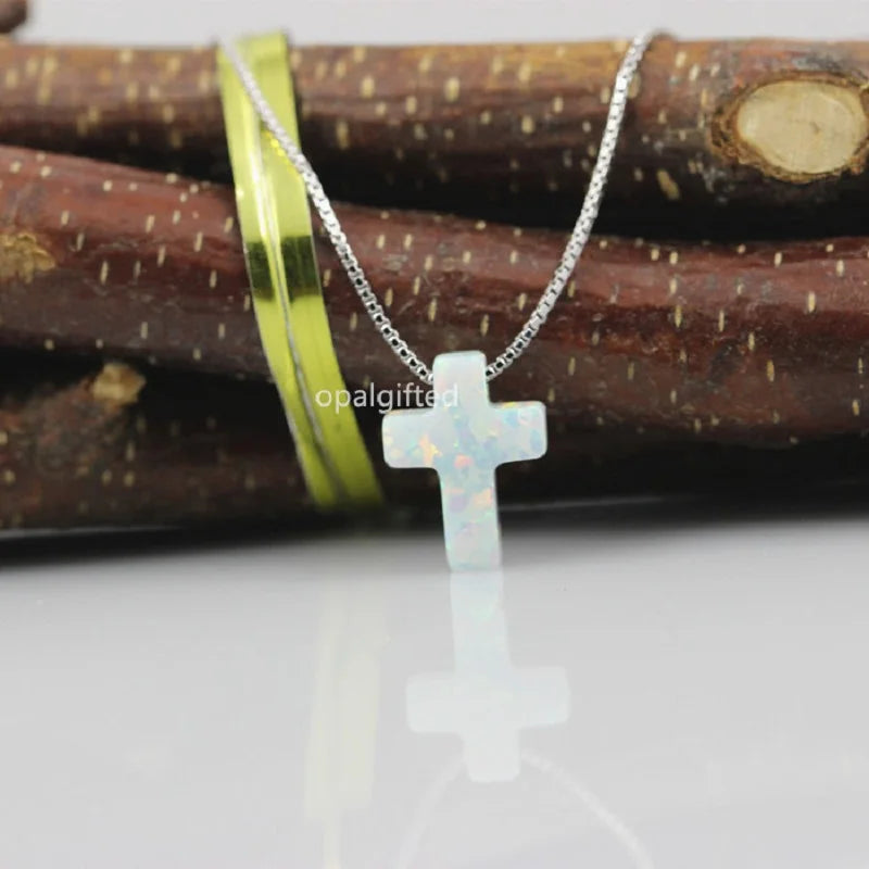 Opal Stone Cross Pendant Necklace for Women - Green/White/Blue Fire