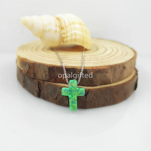 Opal Stone Cross Pendant Necklace for Women - Green/White/Blue Fire