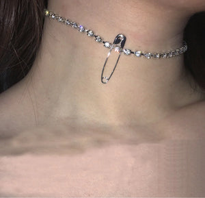 Crystal Chain Collar Punk Choker Hip hop Safety Pin Necklace