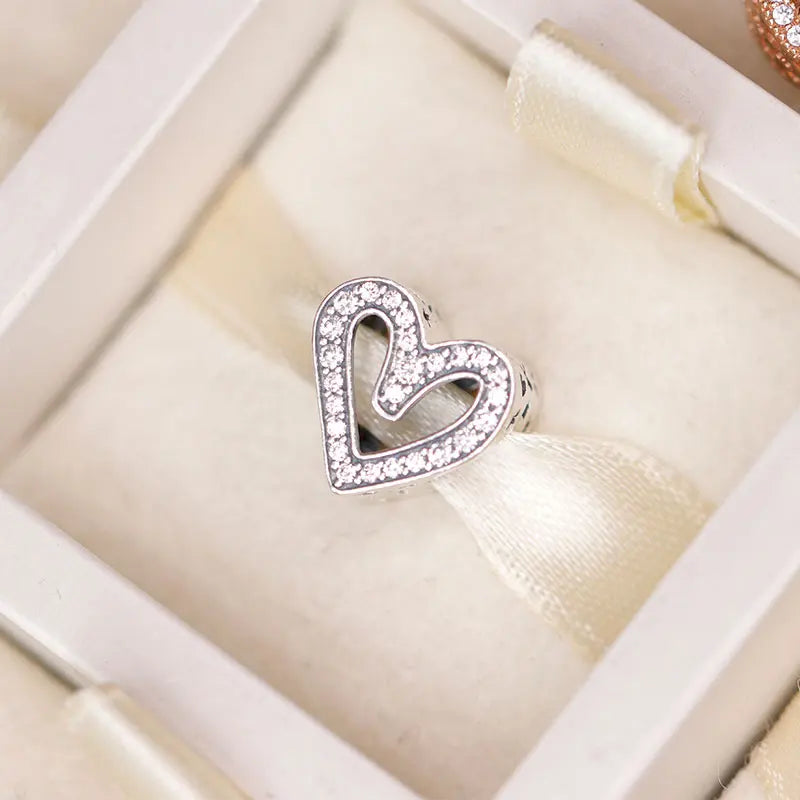 925 Silver Sparkling Freehand Heart Charm with Rose for Bracelets