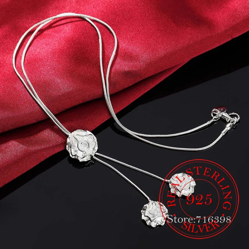 Vintage 925 Sterling Silver 3 Rose Flower Charm Pendant Necklace