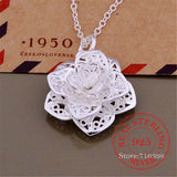 Vintage Rose Flower Pendant Necklace 925 Sterling Silver Fine Jewelry