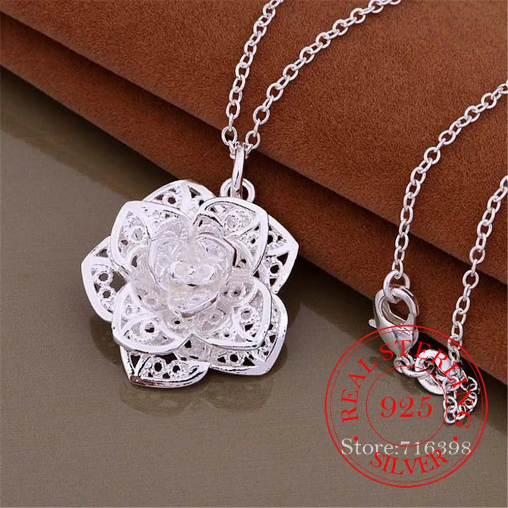 Vintage Rose Flower Pendant Necklace 925 Sterling Silver Fine Jewelry