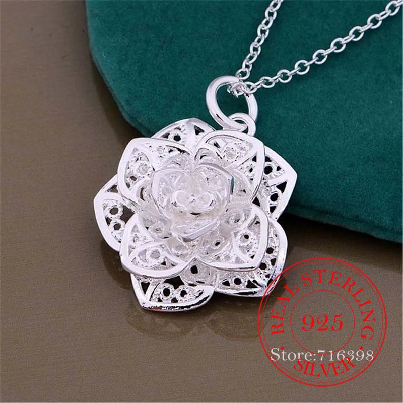 Vintage Rose Flower Pendant Necklace 925 Sterling Silver Fine Jewelry