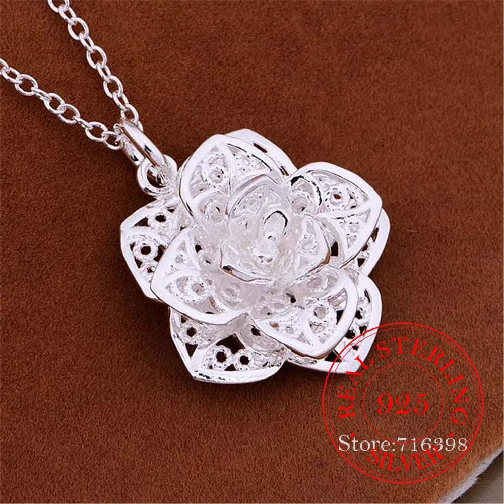 Vintage Rose Flower Pendant Necklace 925 Sterling Silver Fine Jewelry