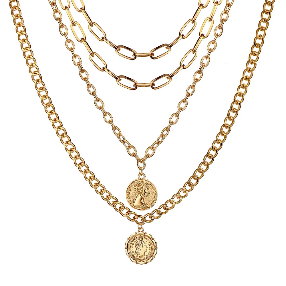 Vintage Coins Head Pendant Necklace for Women