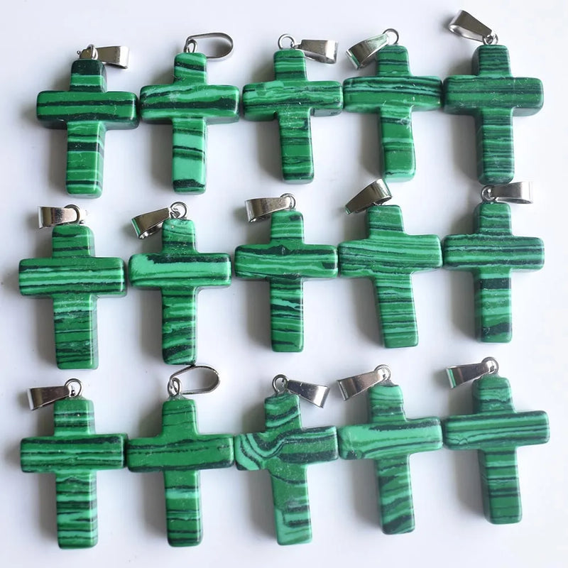 Malachite Stone Cross Pendants for DIY Necklace Jewelry Making - 50pcs
