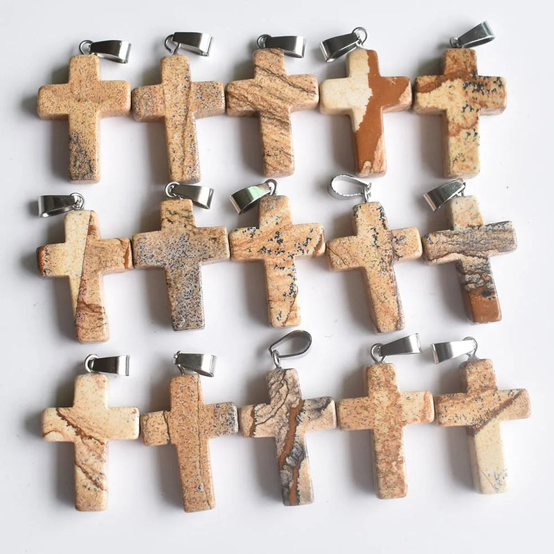 50pcs Natural Picture Stone Cross Charms Pendants for Jewelry Making