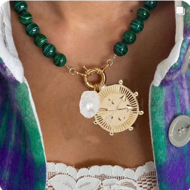 Green Malachite Beaded Choker Necklace Bohemian Pendant Jewelry
