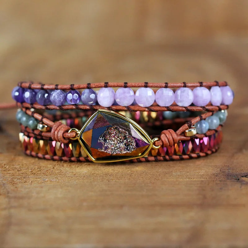 Boho Leather Bracelet Plated with Rhinestone