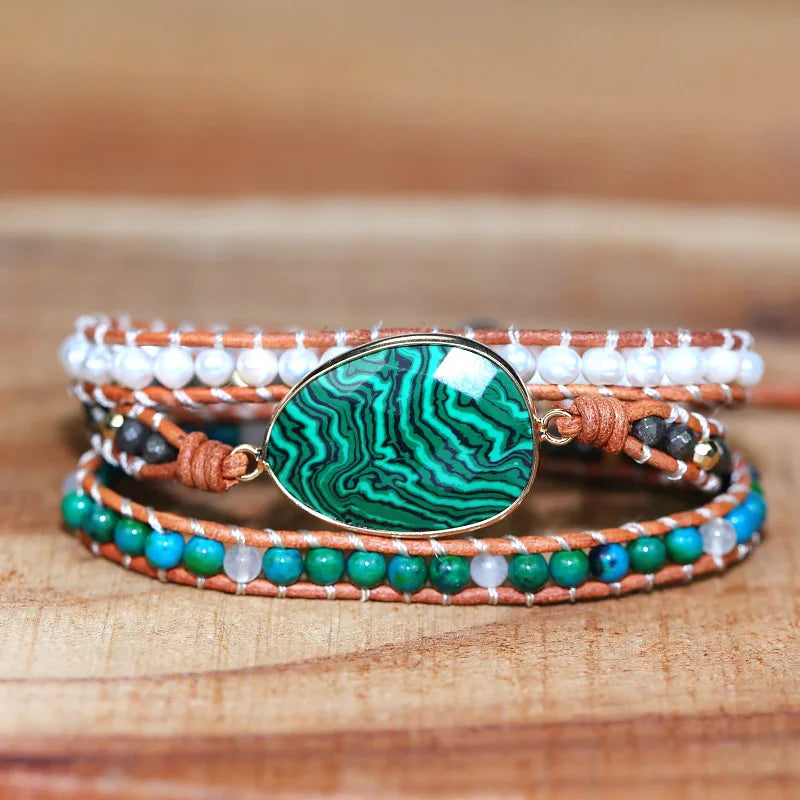 Malachite Charm Wrap Bracelet with Pearl Beads