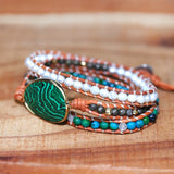 Malachite Charm Wrap Bracelet with Pearl Beads