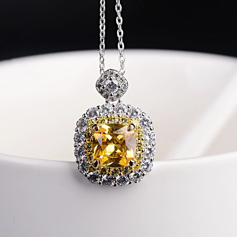 S925 Silver Pink Romance Princess Square Zircon Necklace Pendant