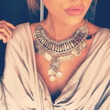 Silver Coin Tassel Necklace Statement Jewelry