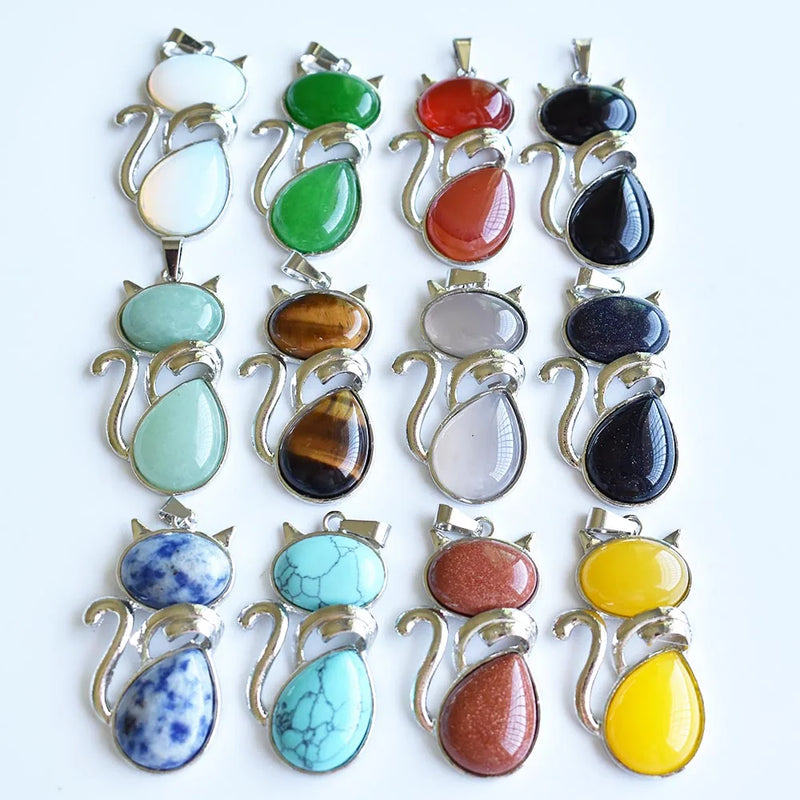 12pcs Assort Natural Stone Cat Shape Pendants for Jewelry Making