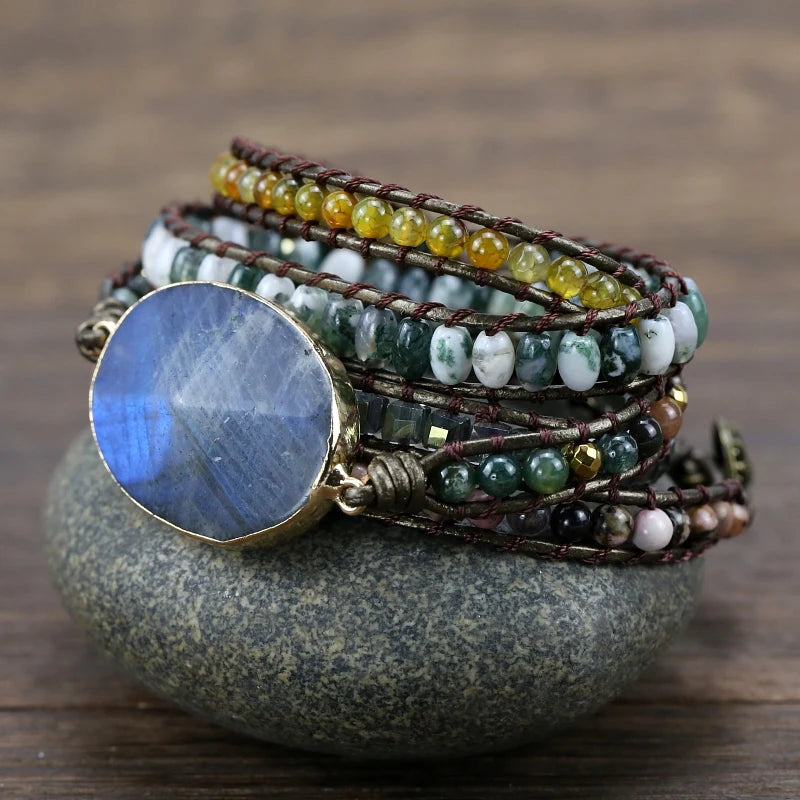 Leather Bracelet Labradorite stone charm bracelet
