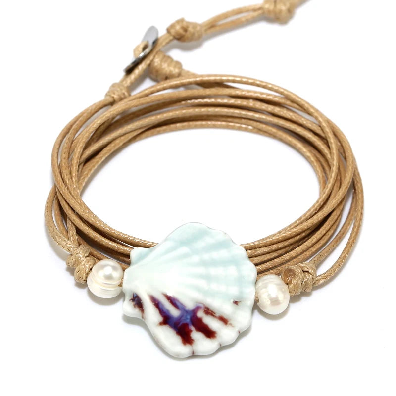 Vintage Ceramic Shell Wrap Bracelet for Men Women Boho Jewelry
