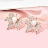 Pearl Maple Leaf Zircon Earrings Wedding Party ER-438