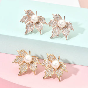 Pearl Maple Leaf Zircon Earrings Wedding Party ER-438