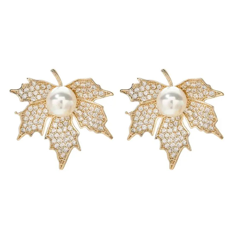 Pearl Maple Leaf Zircon Earrings Wedding Party ER-438