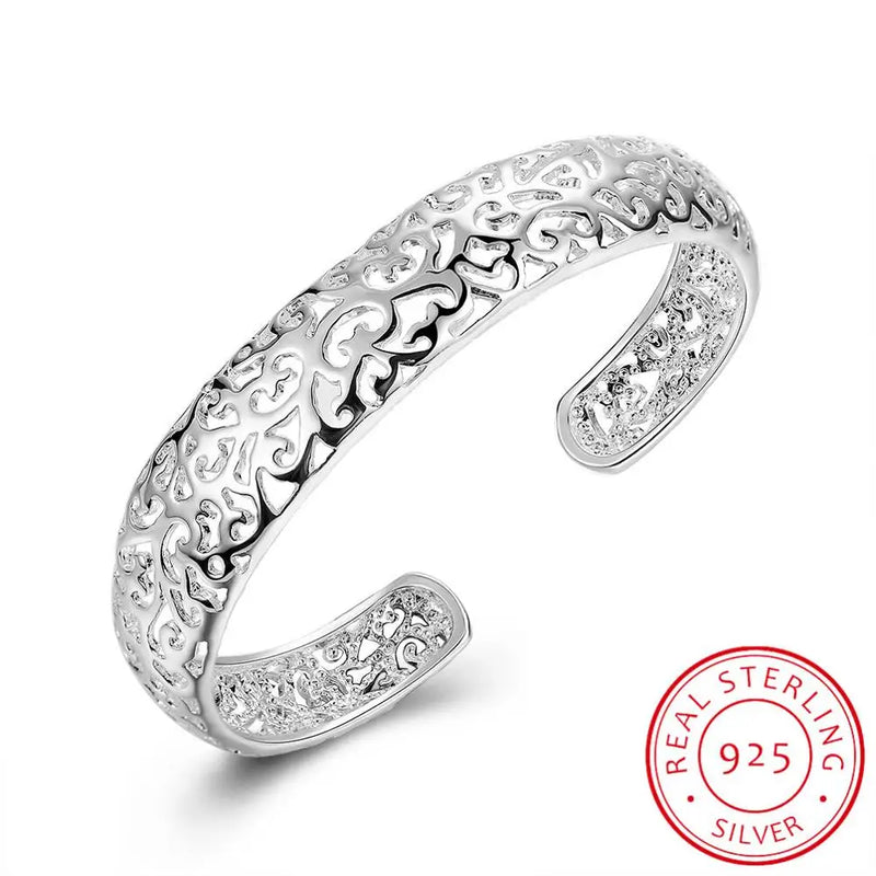 Sterling Silver Ethnic Hollow Flowers Bangles for Women