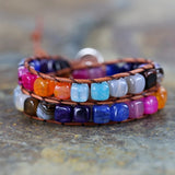 Boho 7 Chakra Cube Beads Leather Wrap Bracelet Jewelry