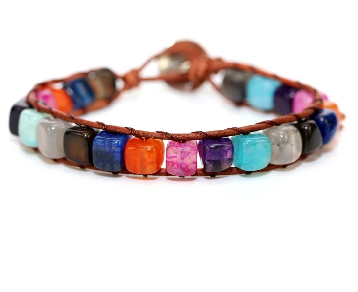 Boho 7 Chakra Cube Beads Leather Wrap Bracelet Jewelry