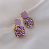 Purple Square Crystal Earrings for Party Dress