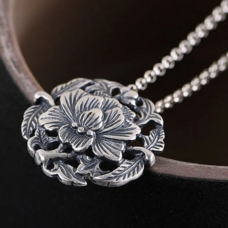 S990 Silver Peony Flower Pendant for DIY Woman Necklace