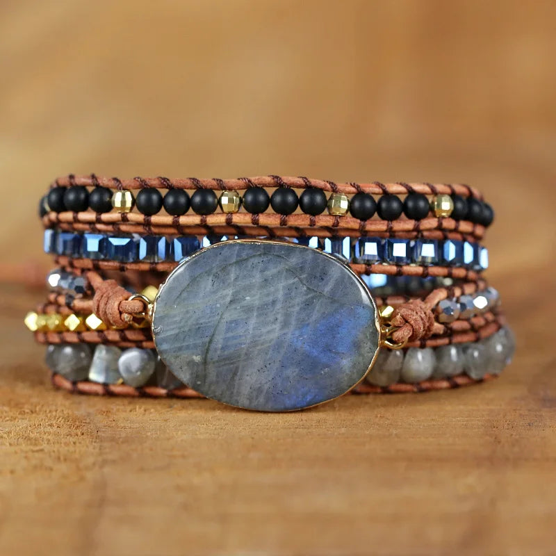 Labradorite Stone Charm Bracelet Women Vintage Leather Wrap