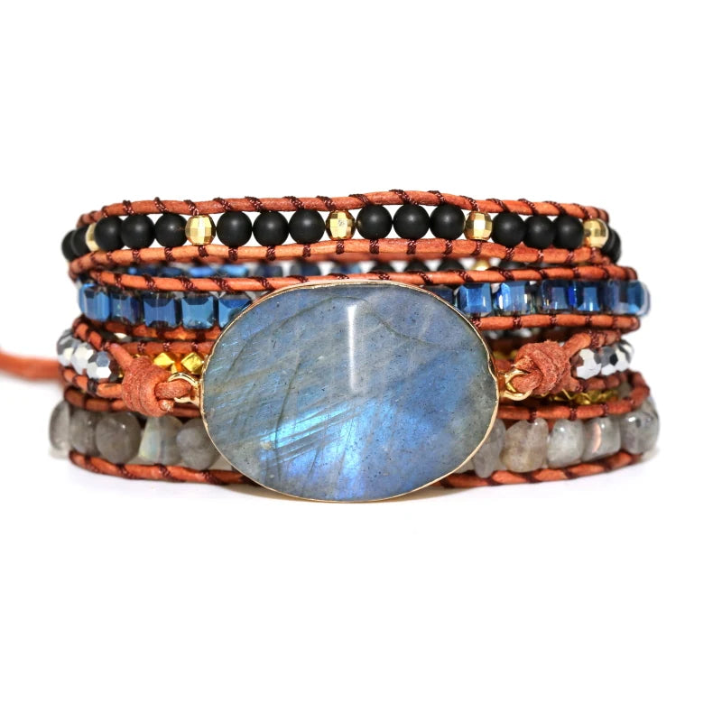 Labradorite Stone Charm Bracelet Women Vintage Leather Wrap