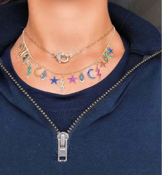 Winter Rainbow CZ Paved Charm Choker Necklace