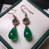Green Jade Water Drop Earrings CZ Emerald 925 Sterling Silver Charm