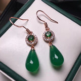 Green Jade Water Drop Earrings CZ Emerald 925 Sterling Silver Charm