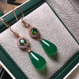 Green Jade Water Drop Earrings CZ Emerald 925 Sterling Silver Charm