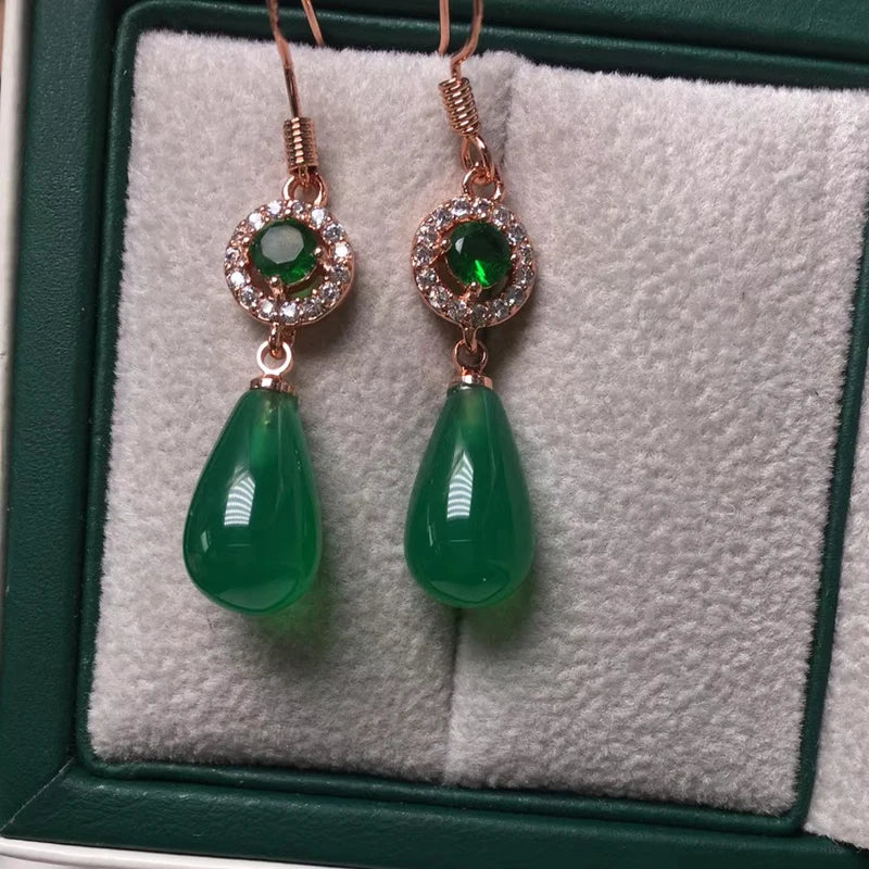 Green Jade Water Drop Earrings CZ Emerald 925 Sterling Silver Charm