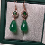 Green Jade Water Drop Earrings CZ Emerald 925 Sterling Silver Charm