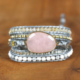 Pink Quartz Crystal 5 Strands Woven Wrap Bracelets Bohemian Bracelet